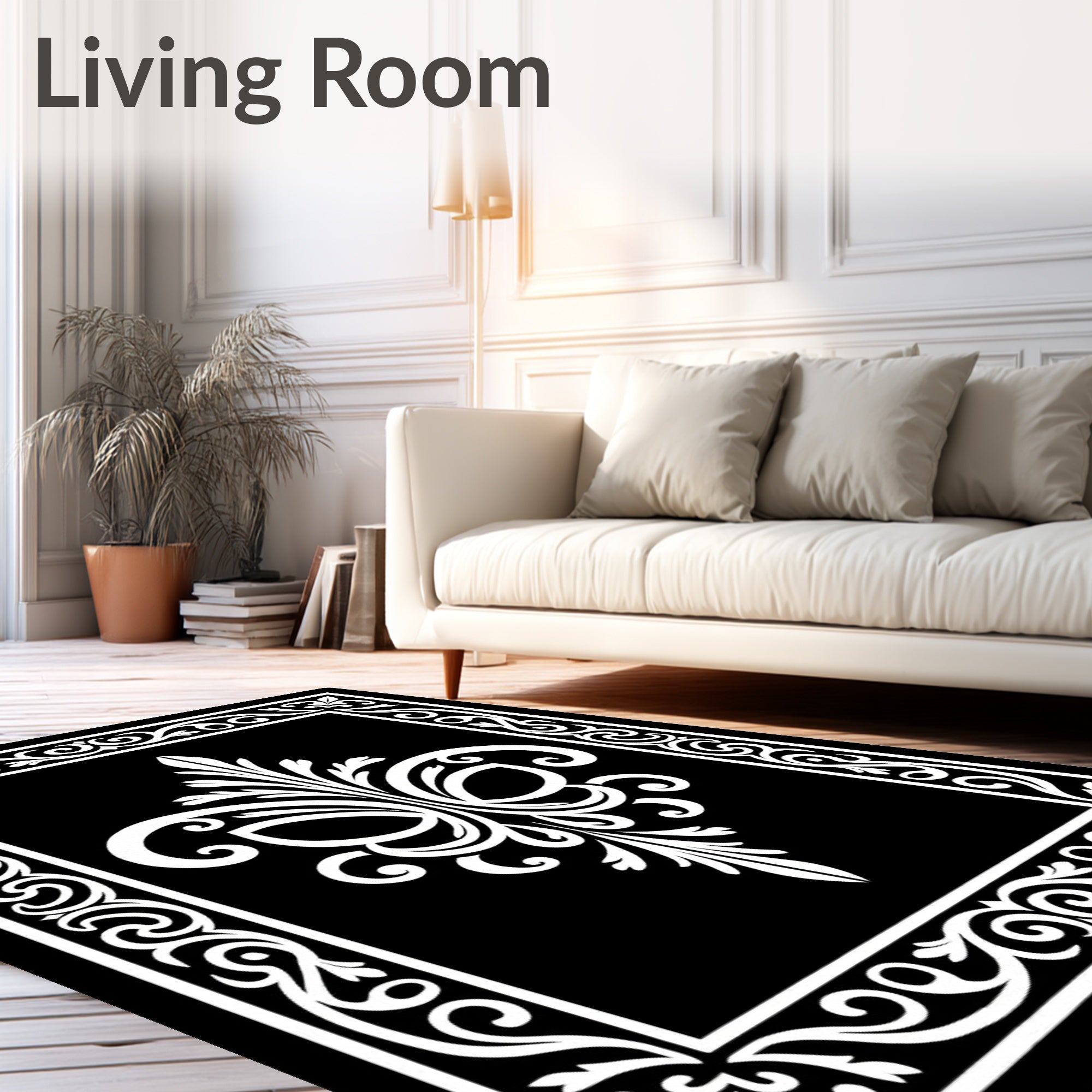 Ornate Black White Floral Swirl Rug