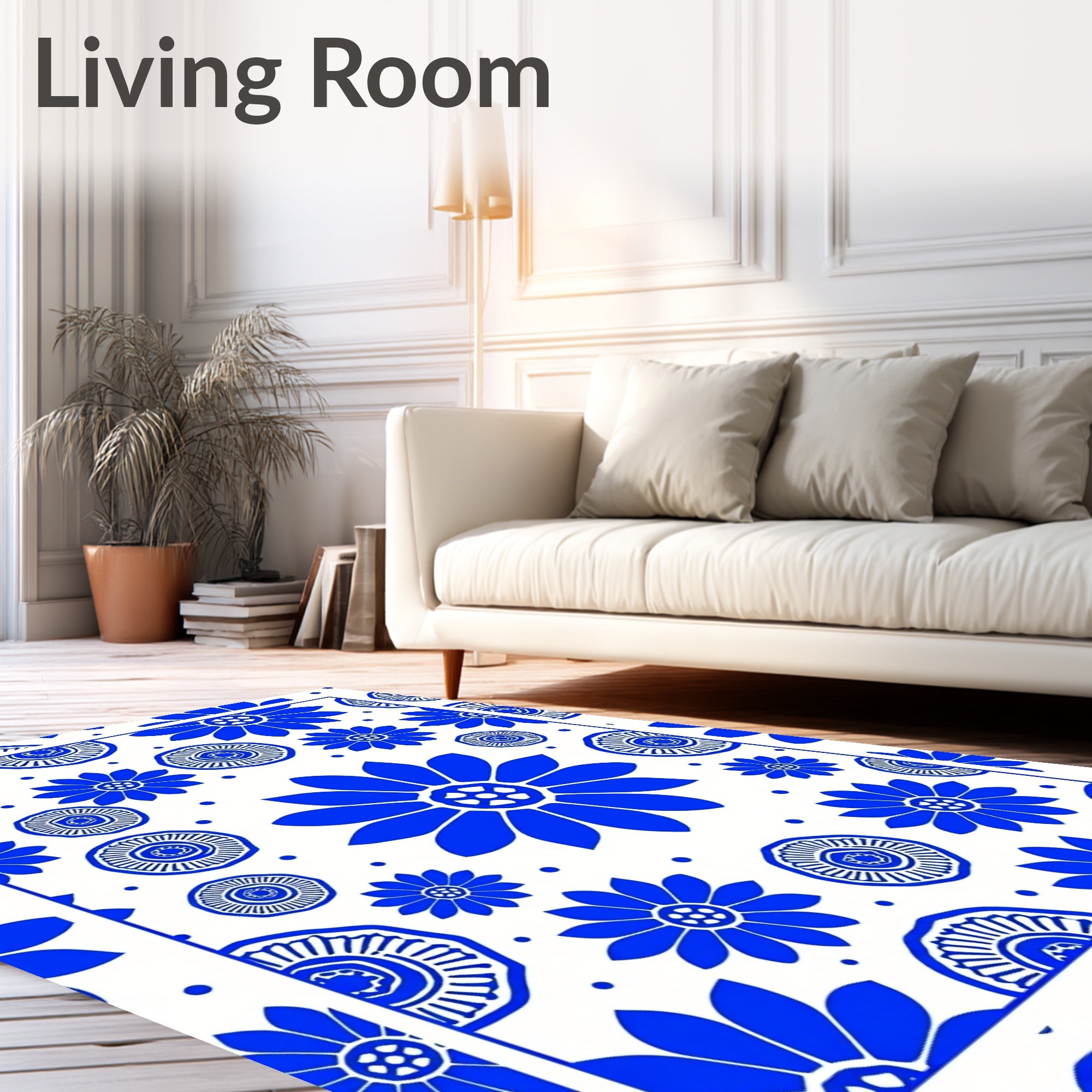 Bold Blue Floral Pattern Design Rug