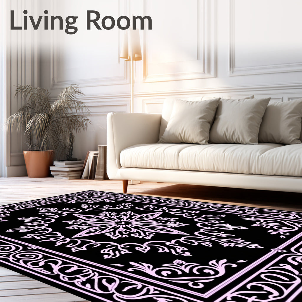 Ornate Black And Pink Floral Pattern Rug