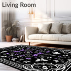 Black Whimsical Butterfly Floral Pattern Rug