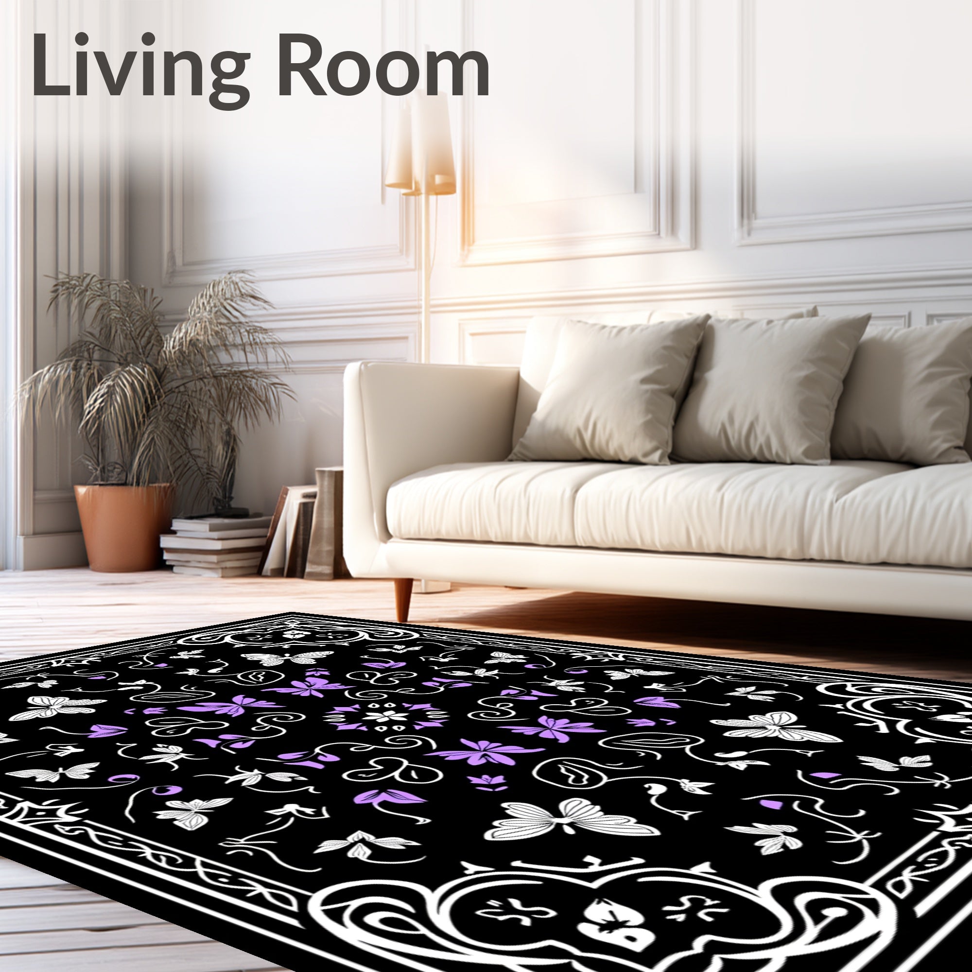 Black Whimsical Butterfly Floral Pattern Rug