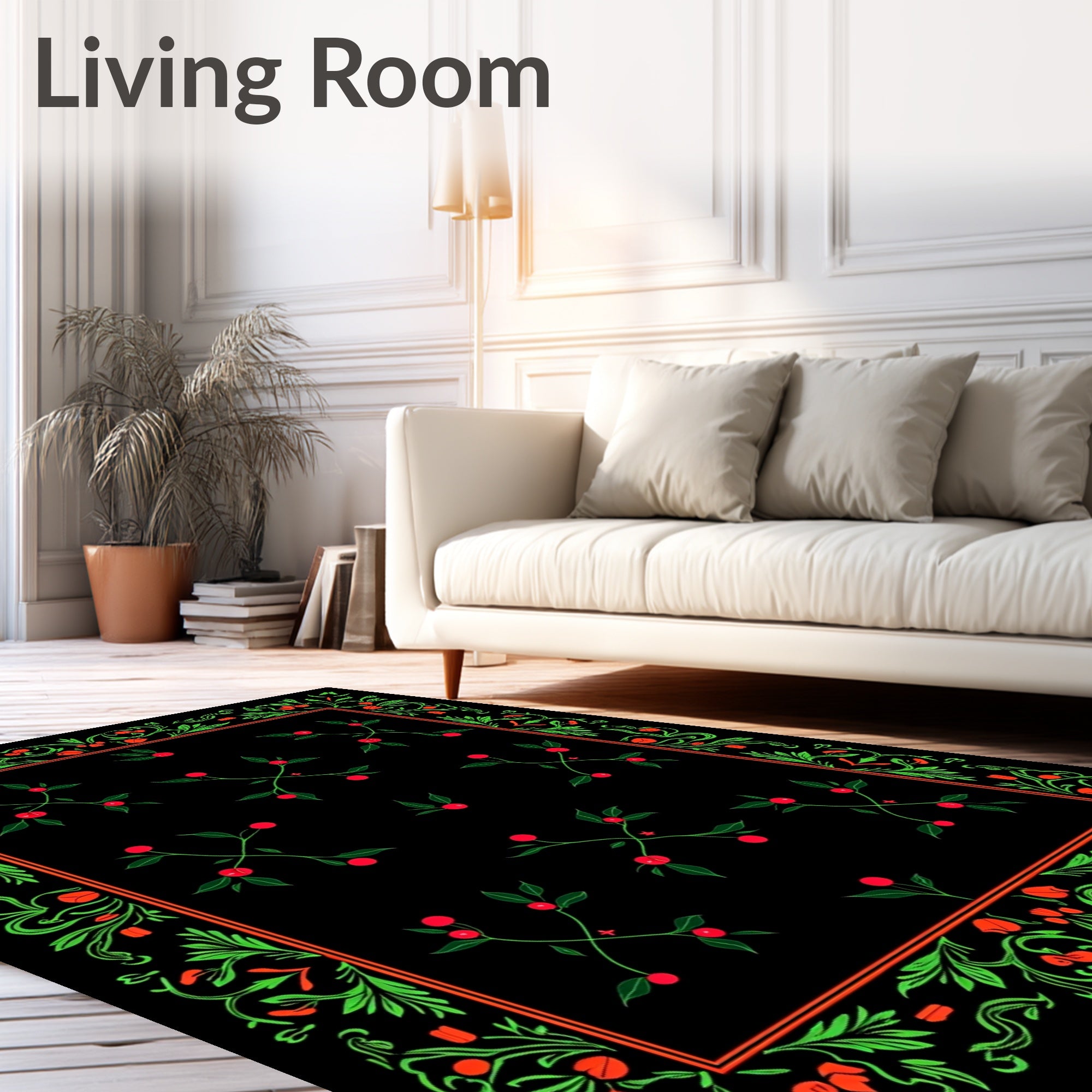 Vivid Green Floral Red Berry Border Rug