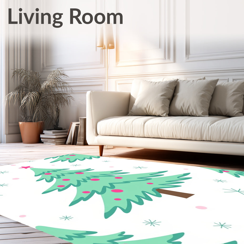 Teal Christmas Trees Pink Star Snowflakes Rug