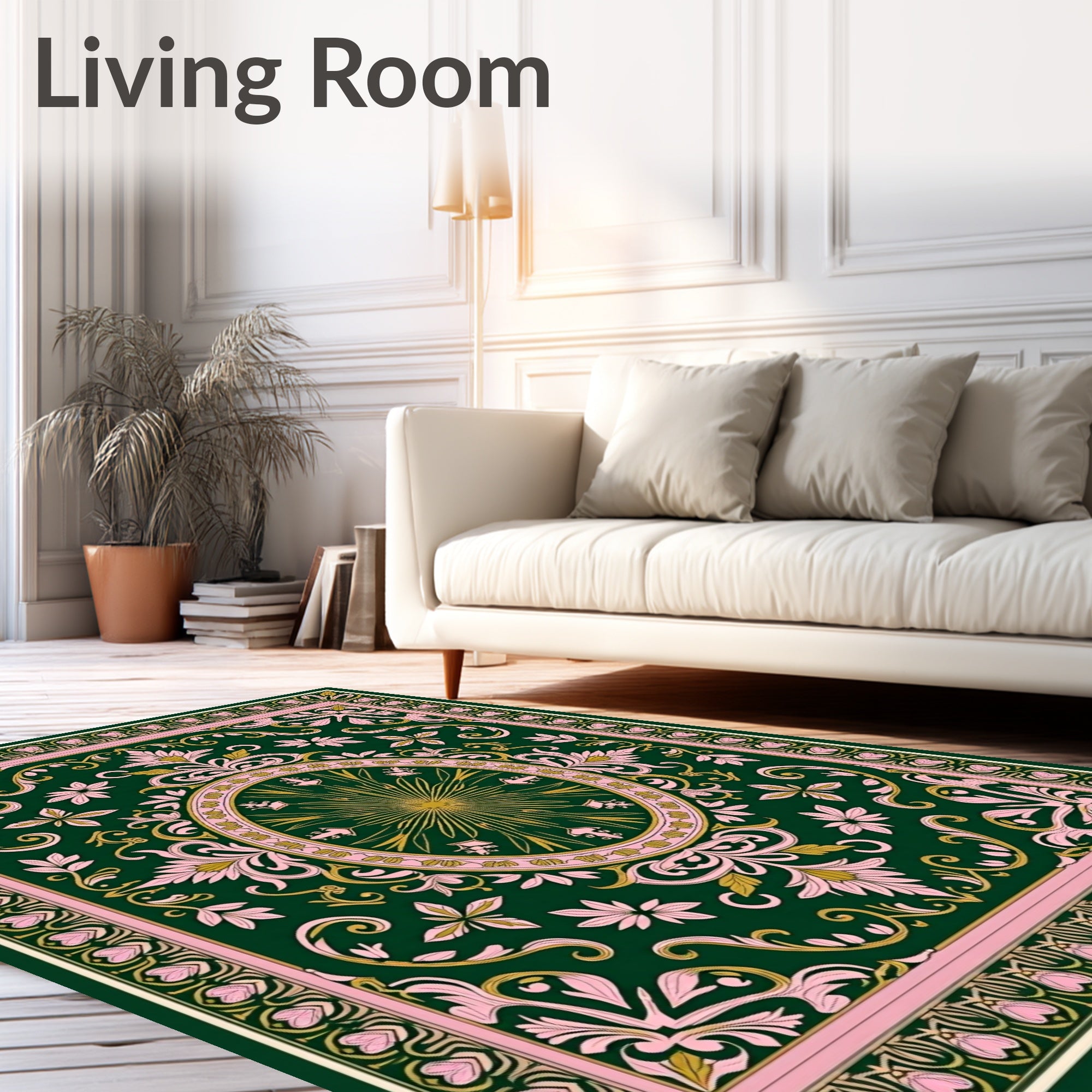 Rich Green Floral Gold Sunburst Rug