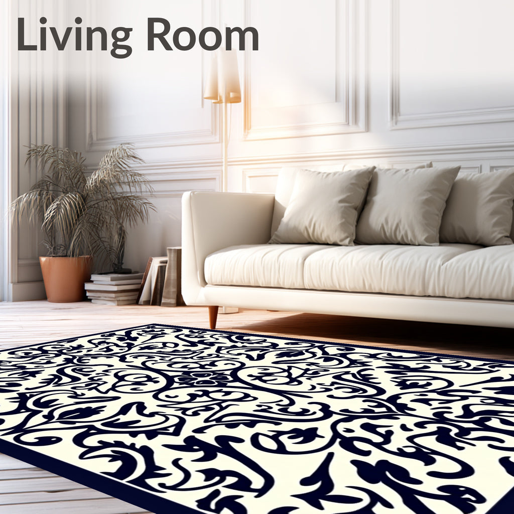Navy Ivory Ornate Floral Vine Pattern Rug