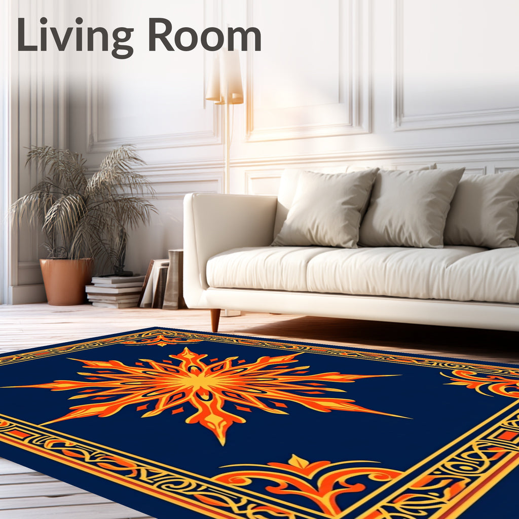Golden Starburst Bordered Navy Rug