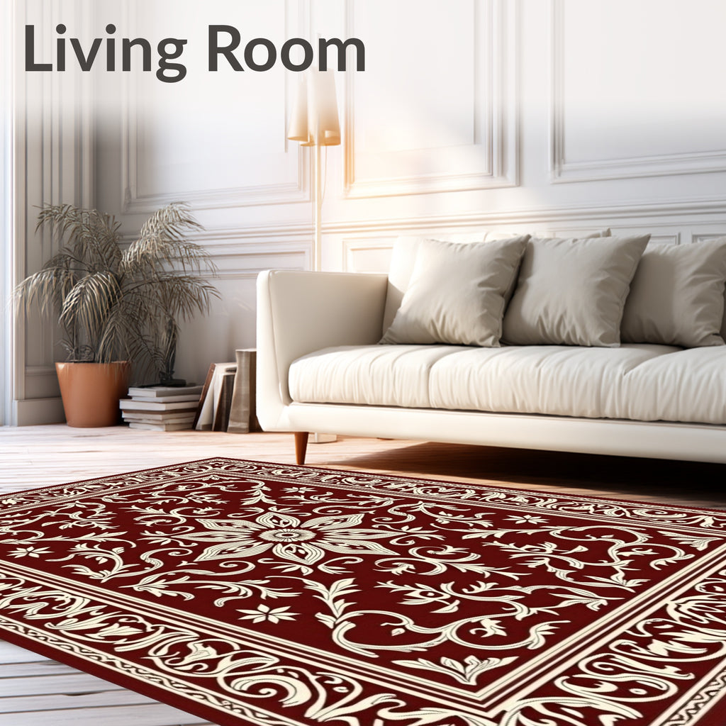 Regal Crimson Floral Scroll Rug