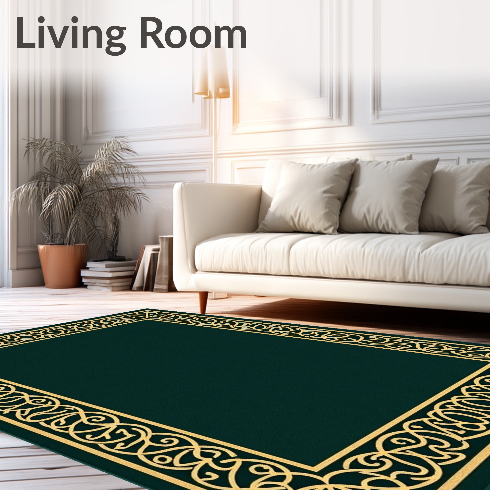 Ornate Green Gold Border Rug