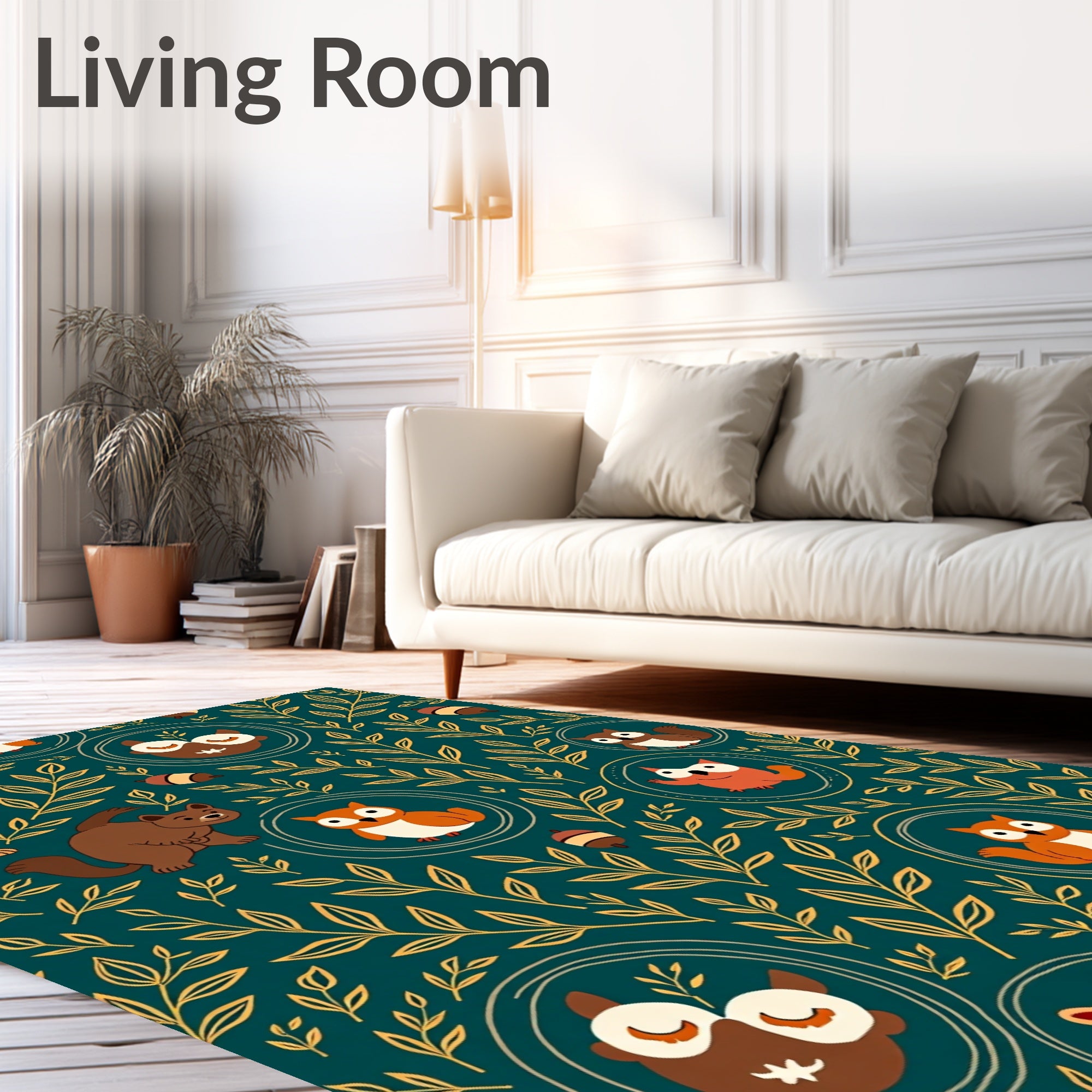 Forest Animals Golden Foliage Pattern Rug