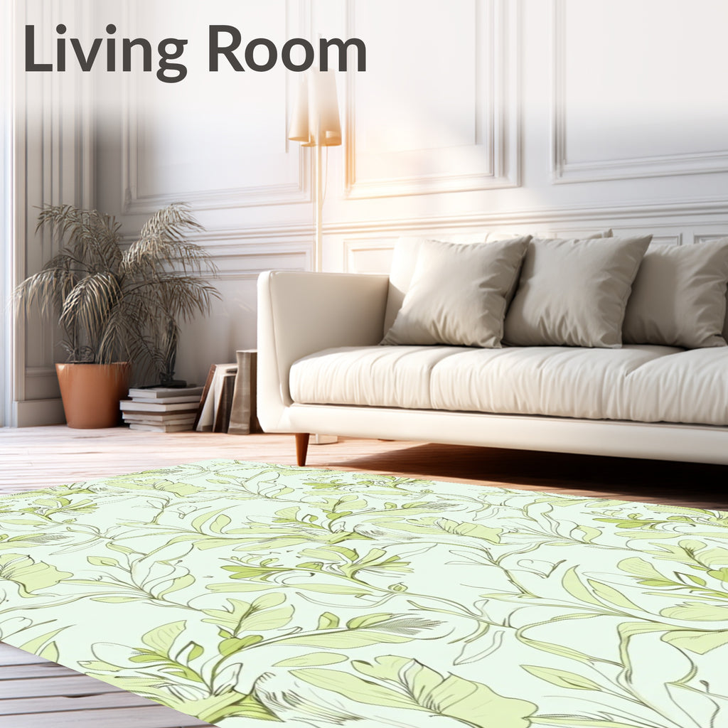 Light Green Botanical Floral Sketch Rug