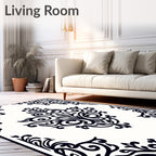 Classic Black White Floral Motif Rug