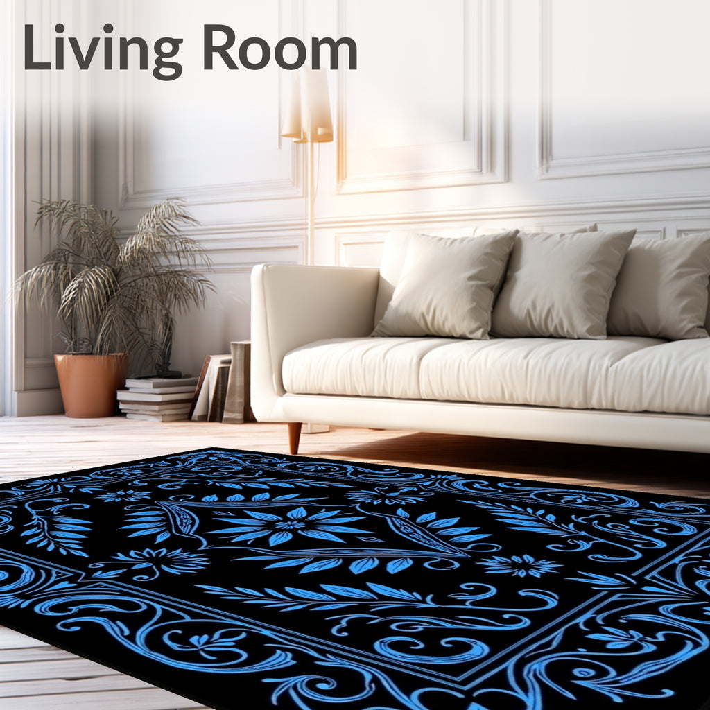 Vintage Blue Floral Frame Pattern Rug