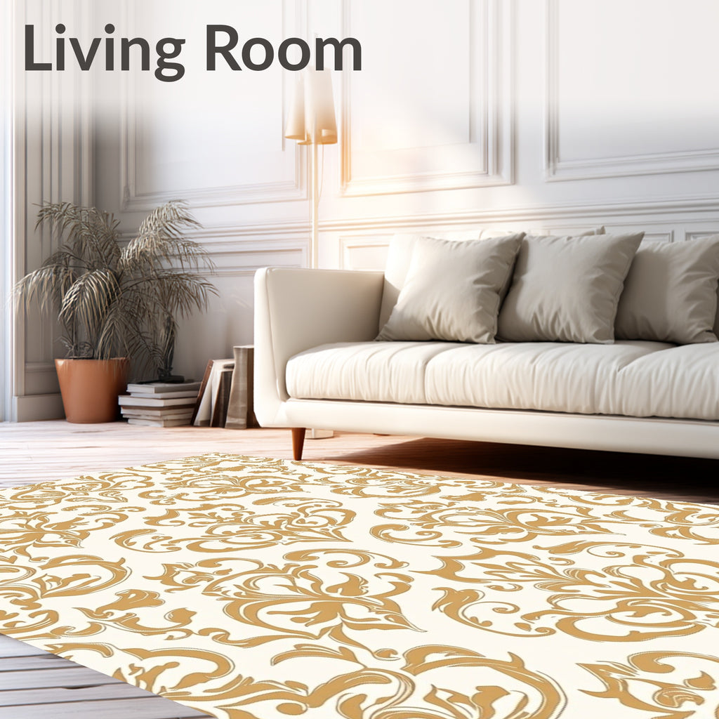 Opulent Gold Cream Damask Pattern Rug