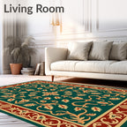 Emerald Floral Scroll Patterned Rug