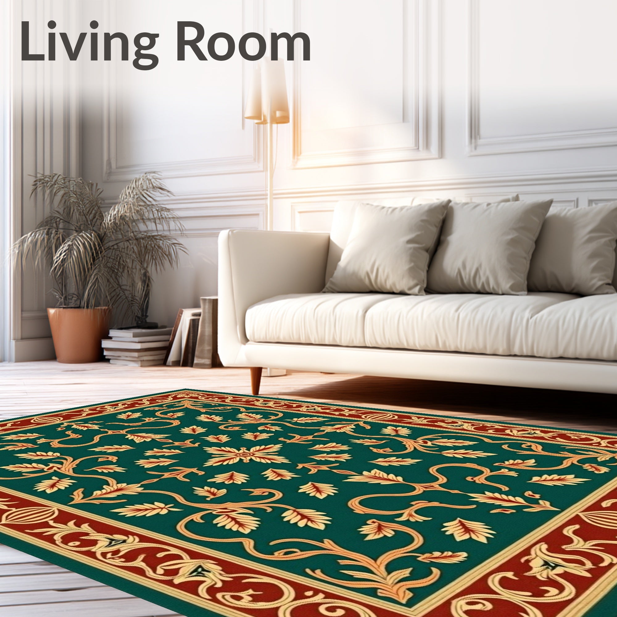 Emerald Floral Scroll Patterned Rug