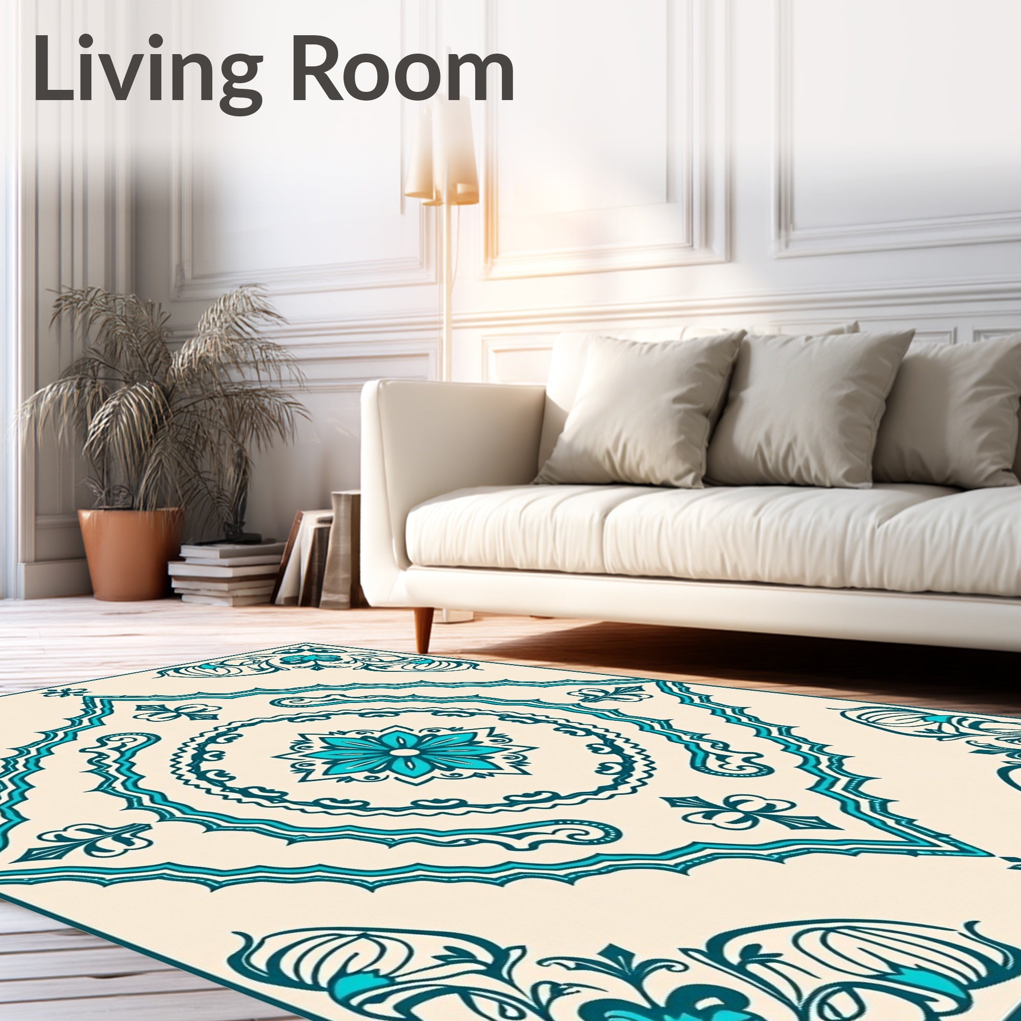 Teal Floral Medallion Traditional Pattern Rug