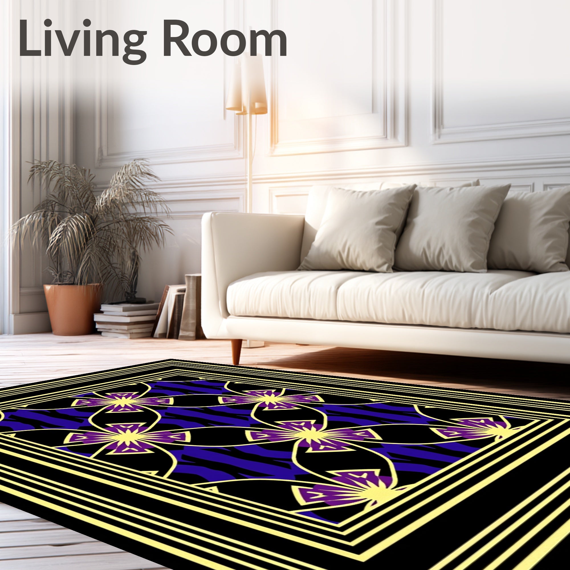 Golden Geometric Floral Patterned Rug