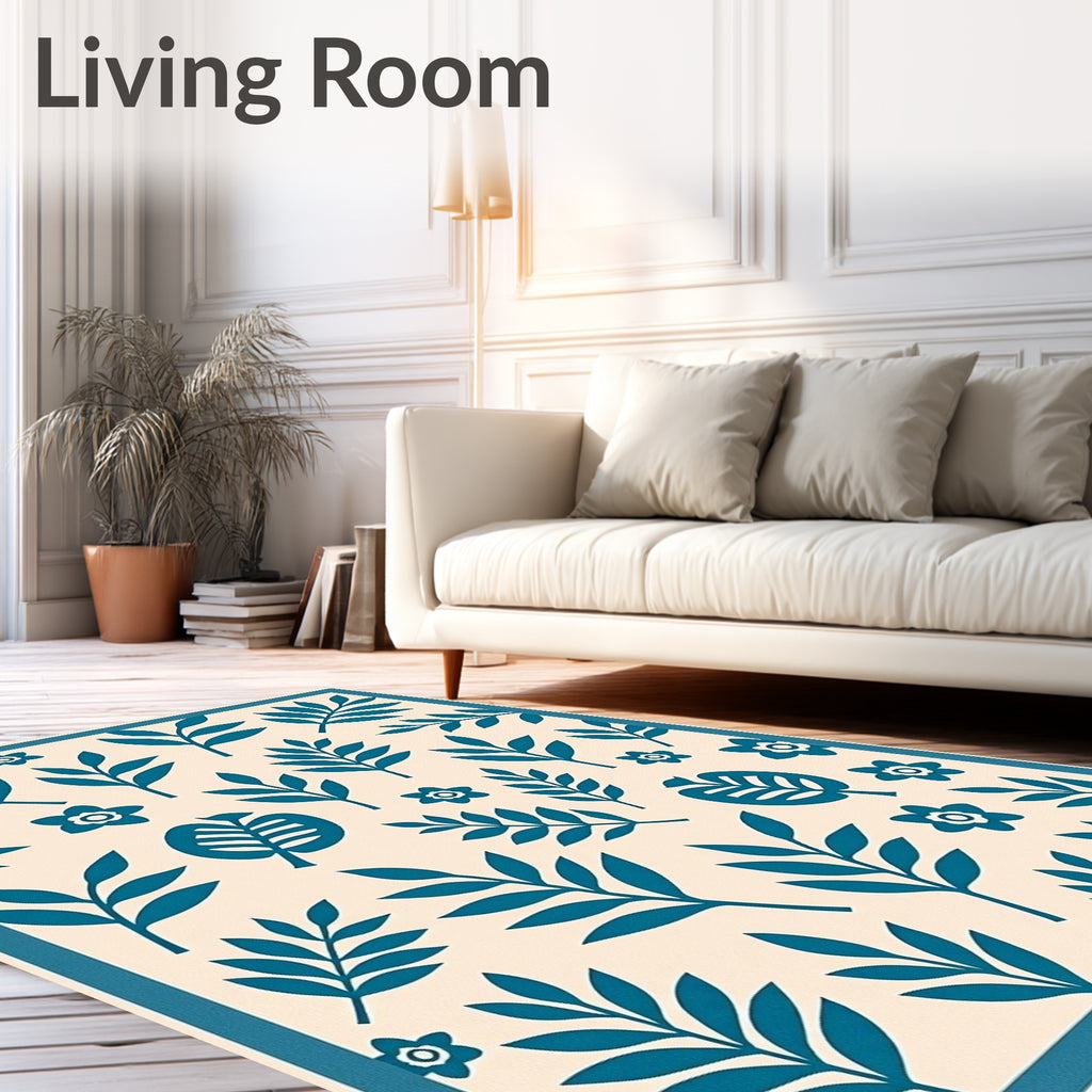 Teal Leafy Floral Pattern Rug