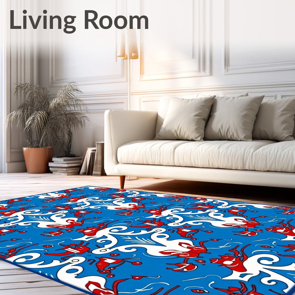 Vibrant Blue Red Swirling Rococo Rug