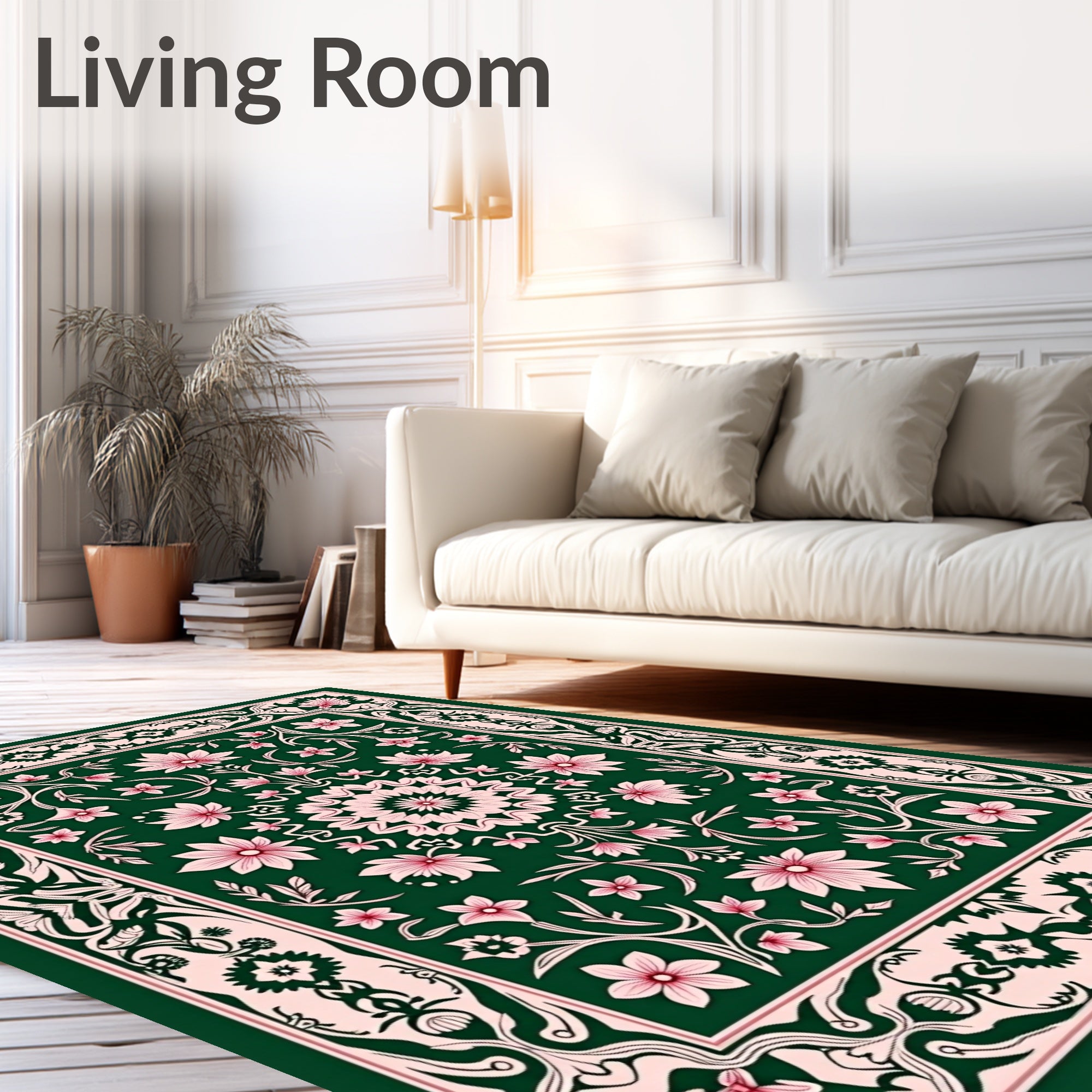 Elegant Floral Medallion Pink Green Rug