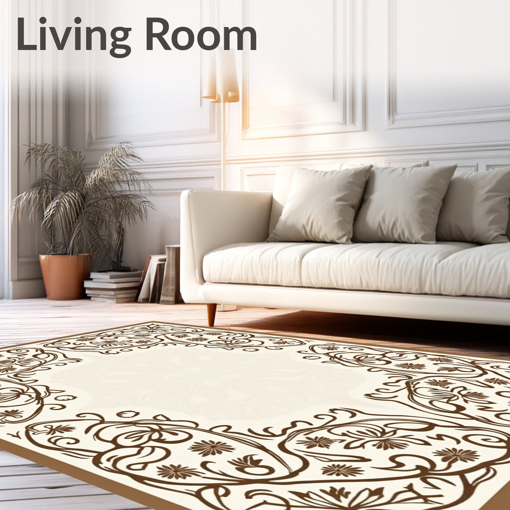Floral Swirls Brown Cream Ornament Rug