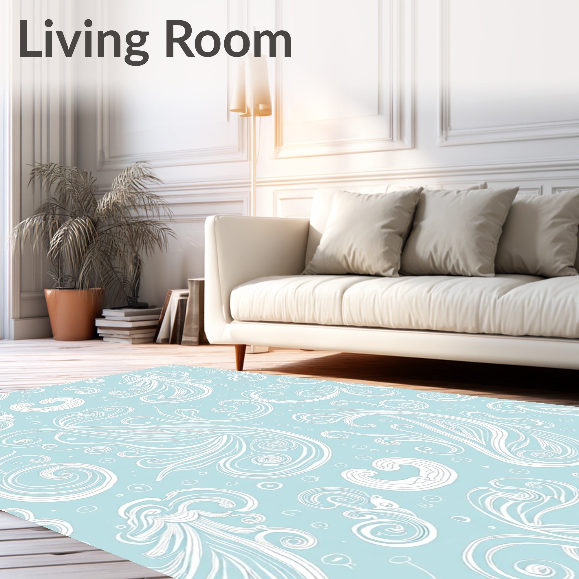 Light Blue White Swirl Floral Pattern Rug