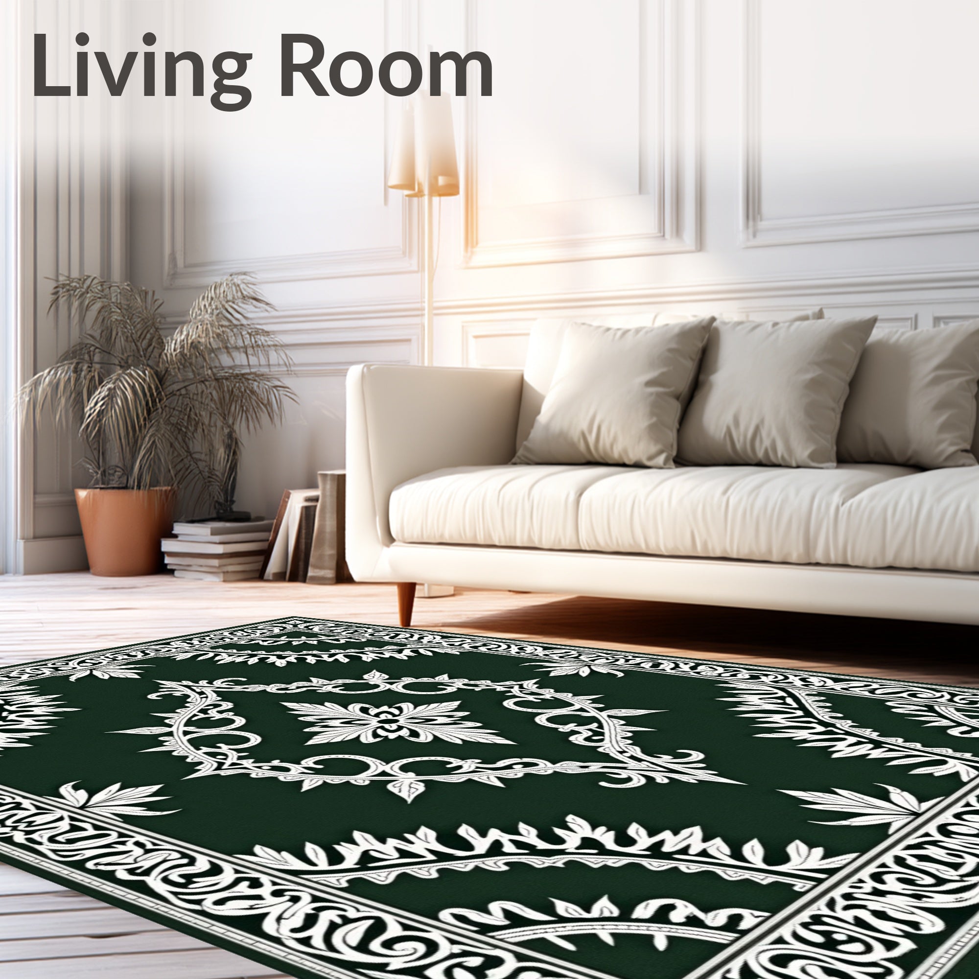 Intricate White Botanical Floral Pattern Rug