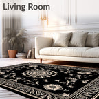 Classic Black Floral Sunburst Border Rug