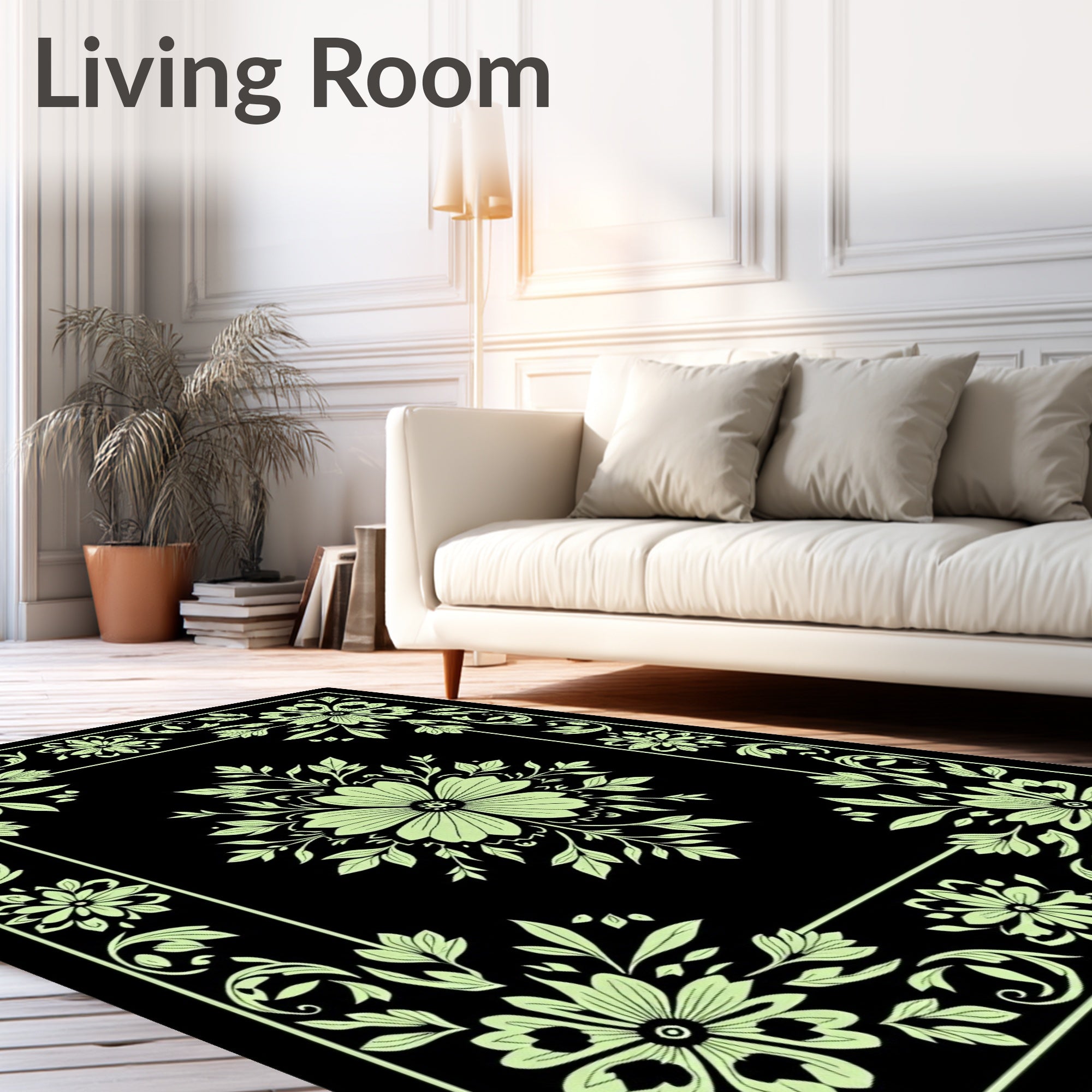 Ornate Floral Black Background Design Rug