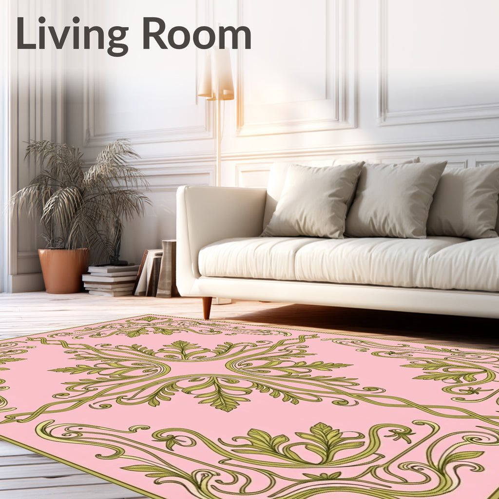 Elegant Green Leaf Scrollwork Pattern Rug