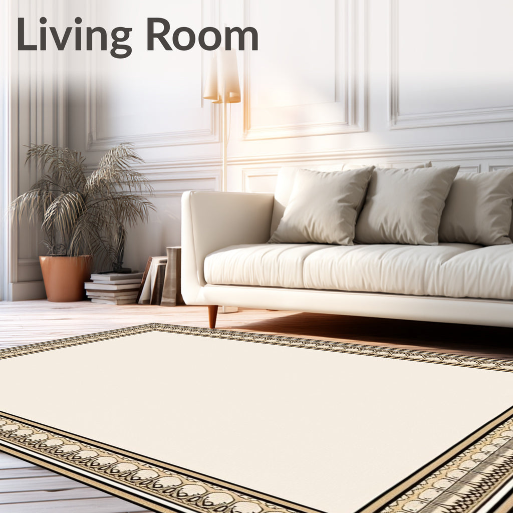 Ornate Black Beige Decorative Border Rug