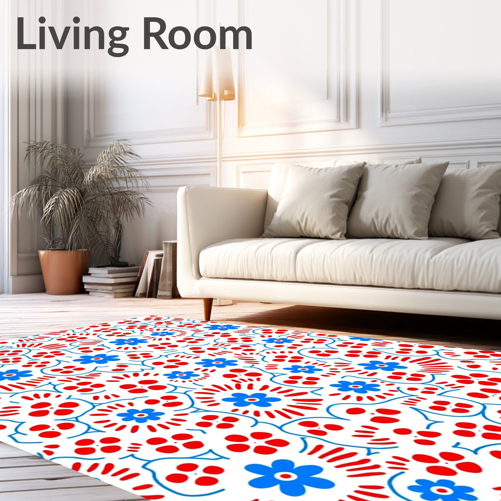 Bold Red Blue Floral Pattern Rug