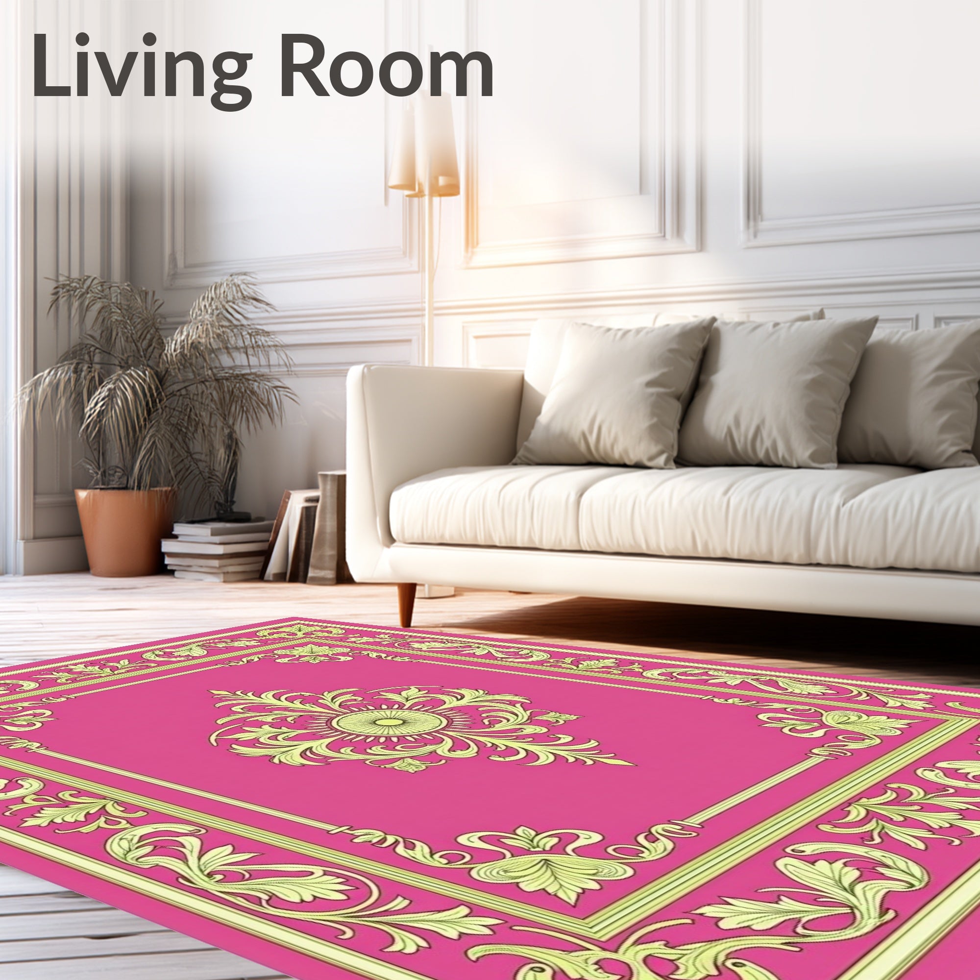 Ornate Floral Border Pink Rug