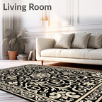 Black Cream Ornate Floral Pattern Rug
