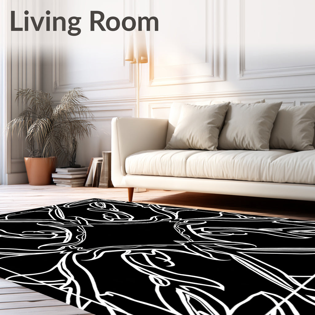 Black White Abstract Floral Pattern Rug