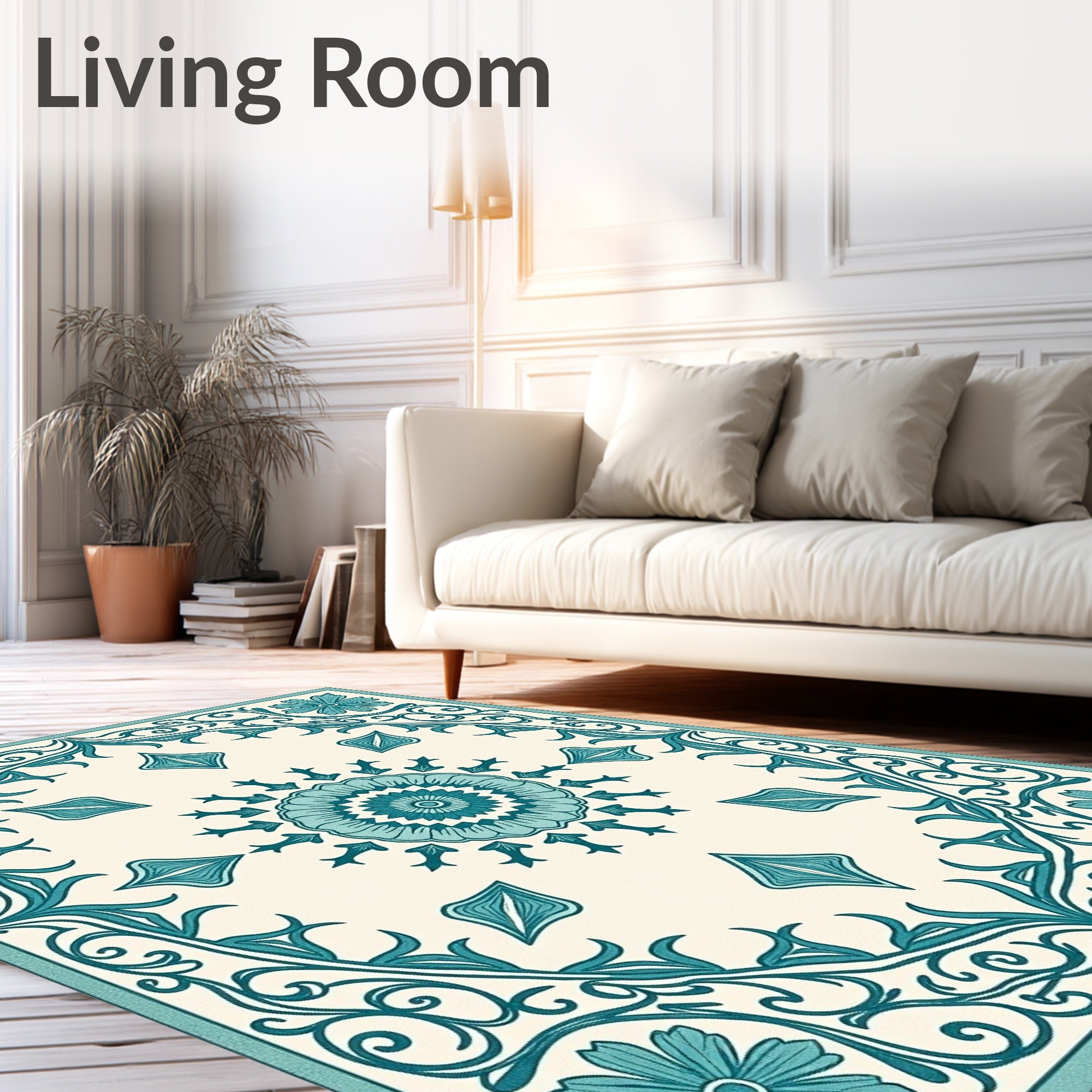 Teal Floral Medallion Vine Pattern Rug