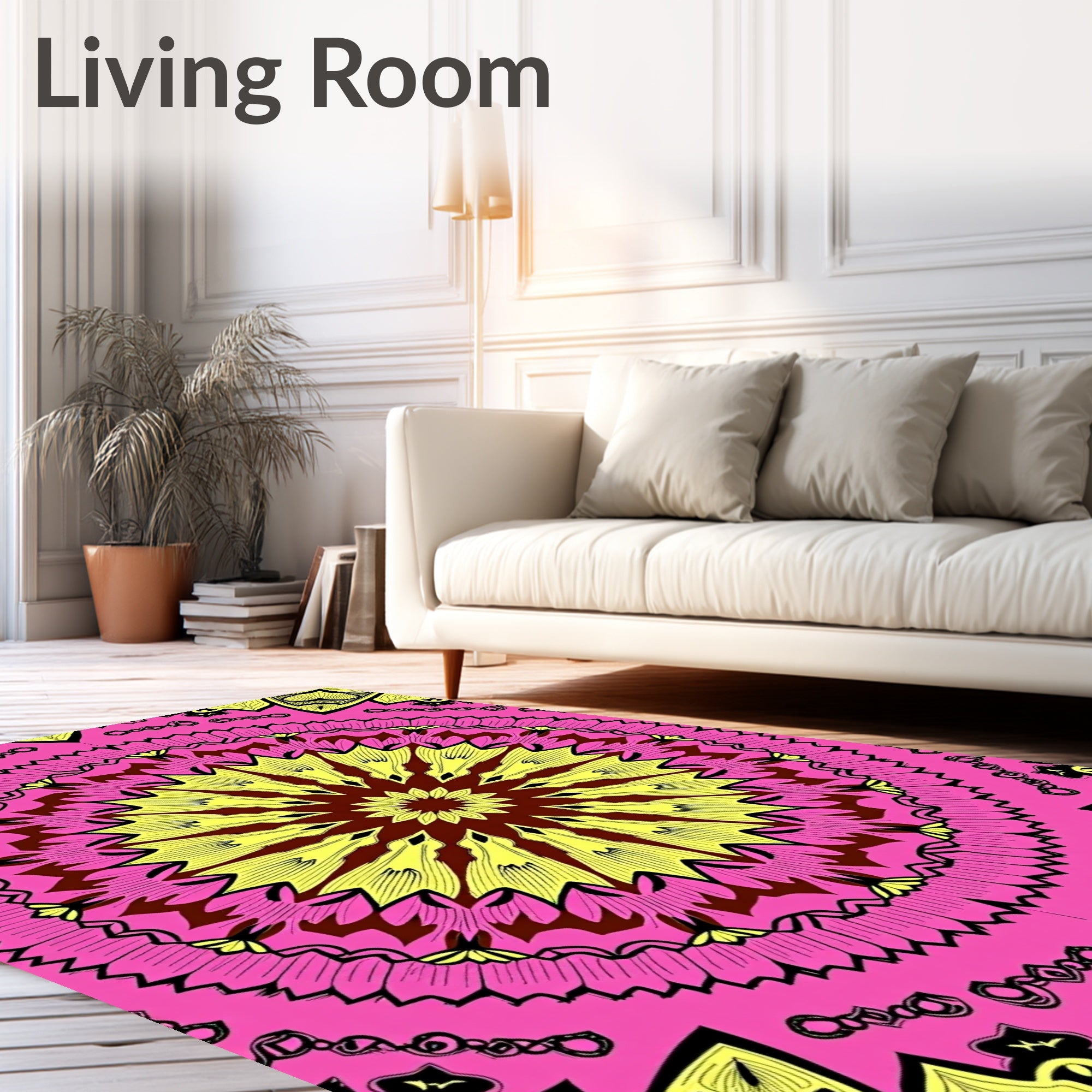 Vibrant Pink Yellow Mandala Pattern Rug