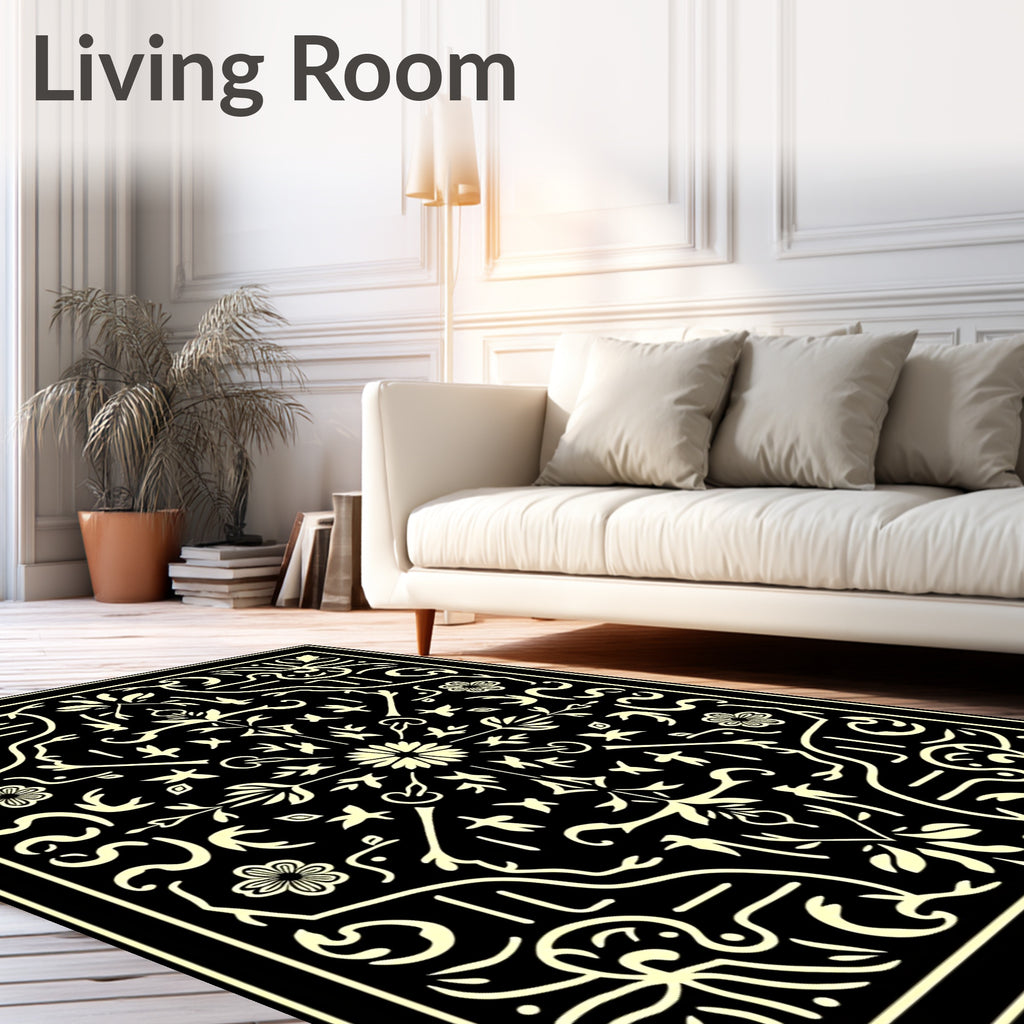 Black Cream Floral Swirl Pattern Rug