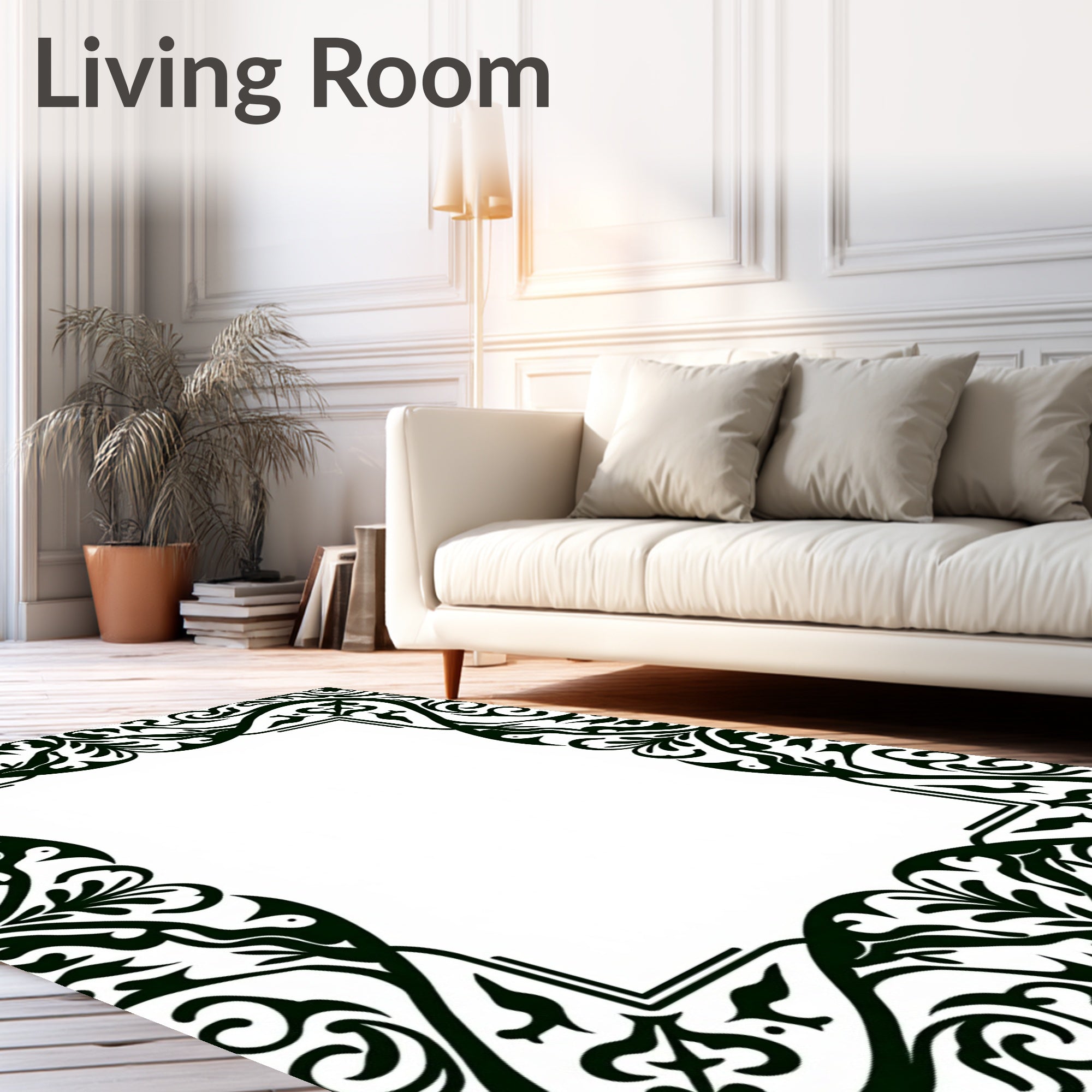 Elaborate Black Scroll Frame Design Rug