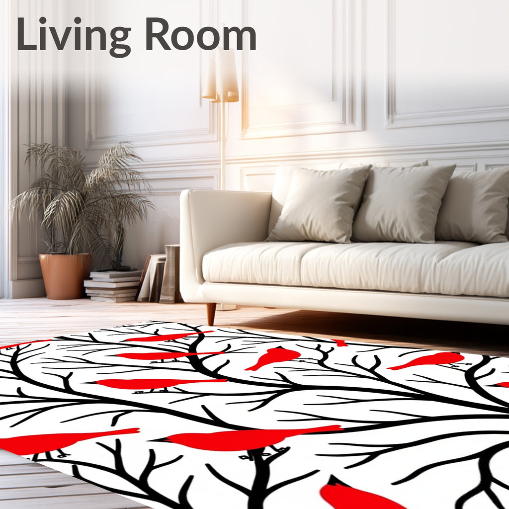 Vibrant Red Birds Black Branches Rug