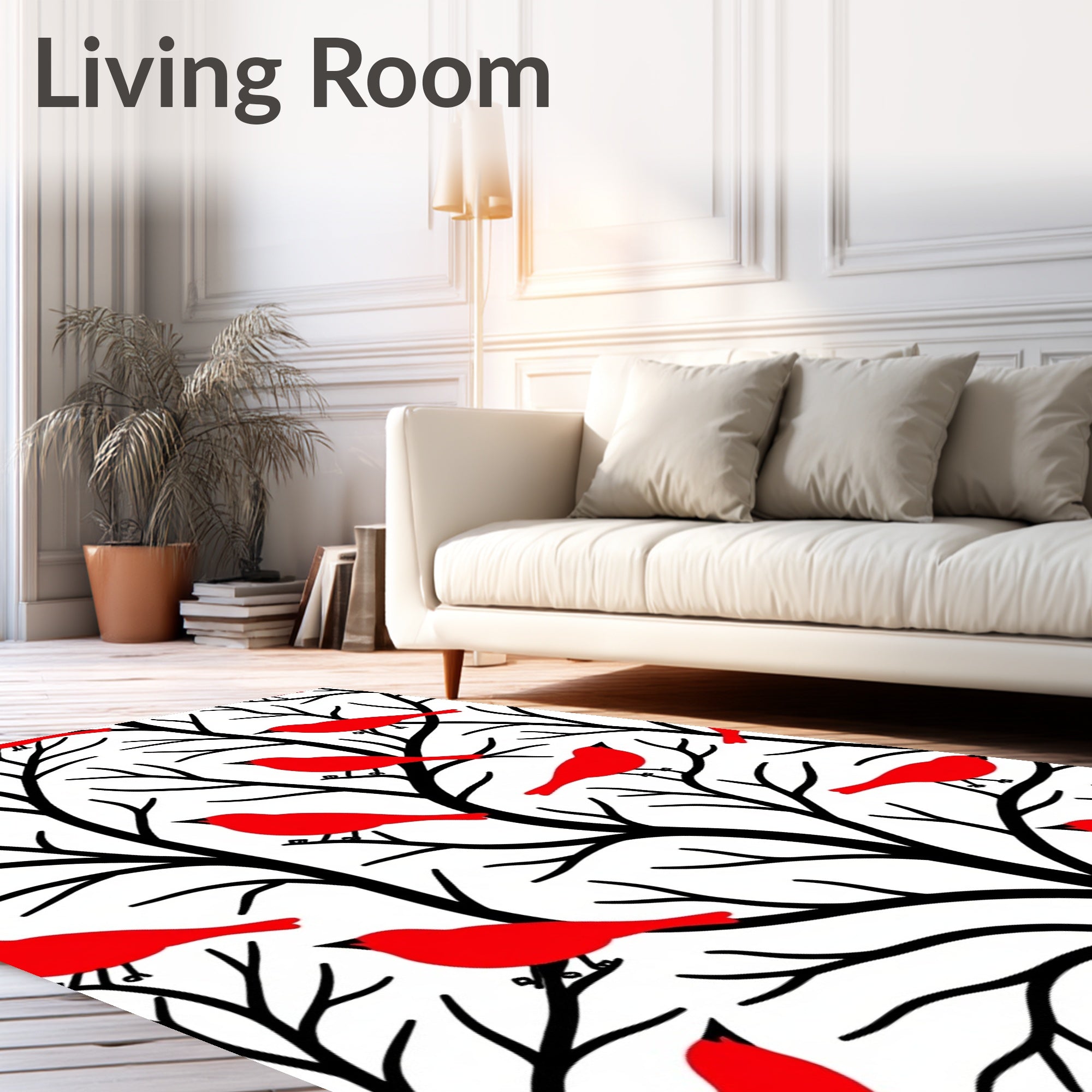 Vibrant Red Birds Black Branches Rug