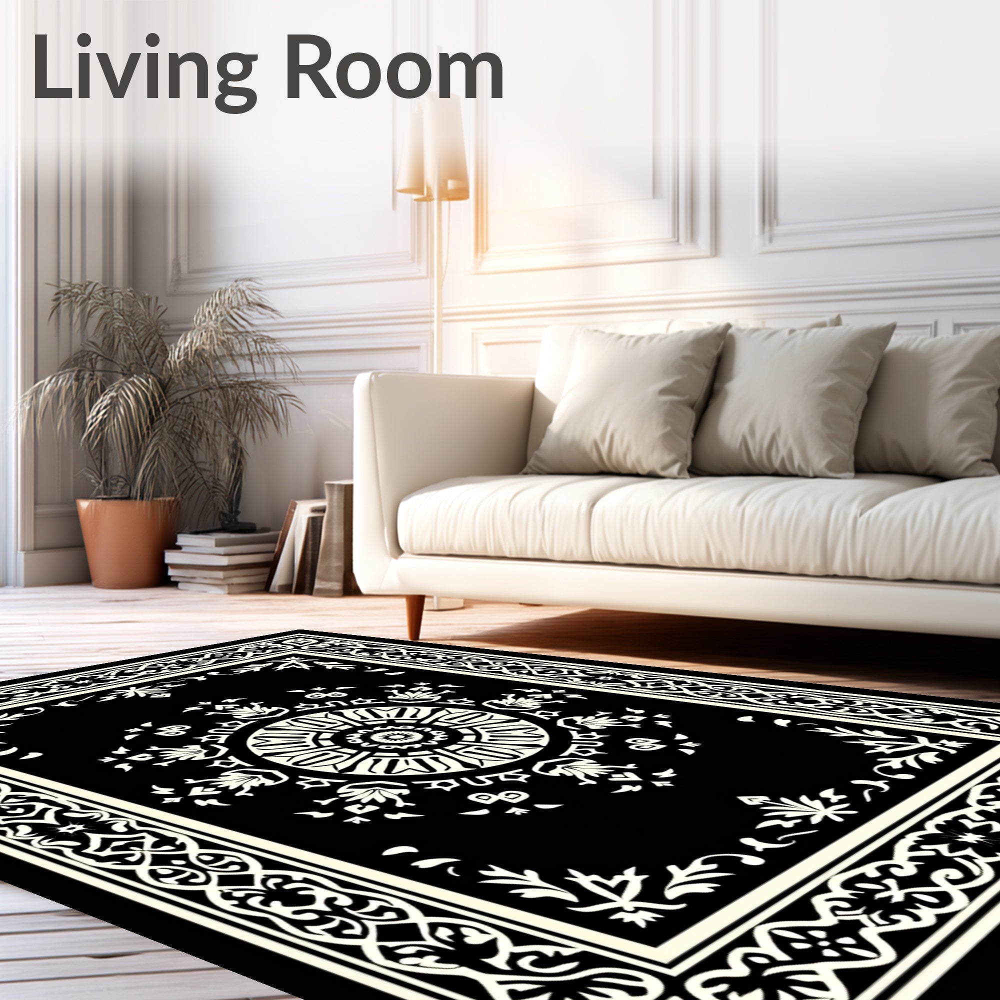 Ornate Black Cream Medallion Border Rug