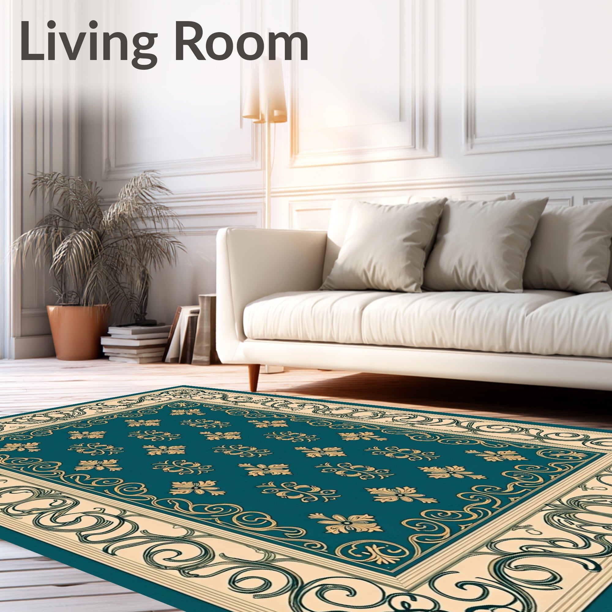 Regal Teal Floral Scroll Pattern Rug