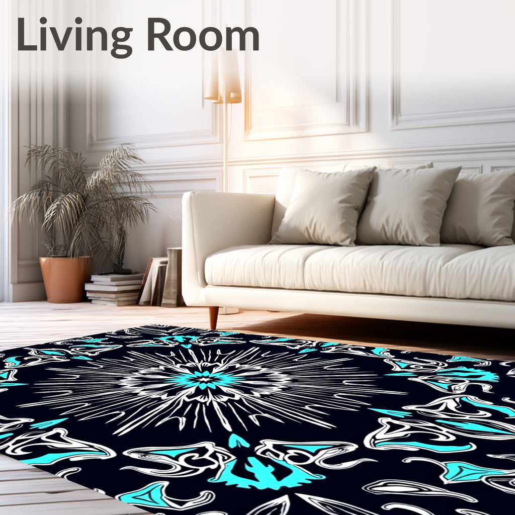 Striking Teal White Symmetrical Pattern Rug
