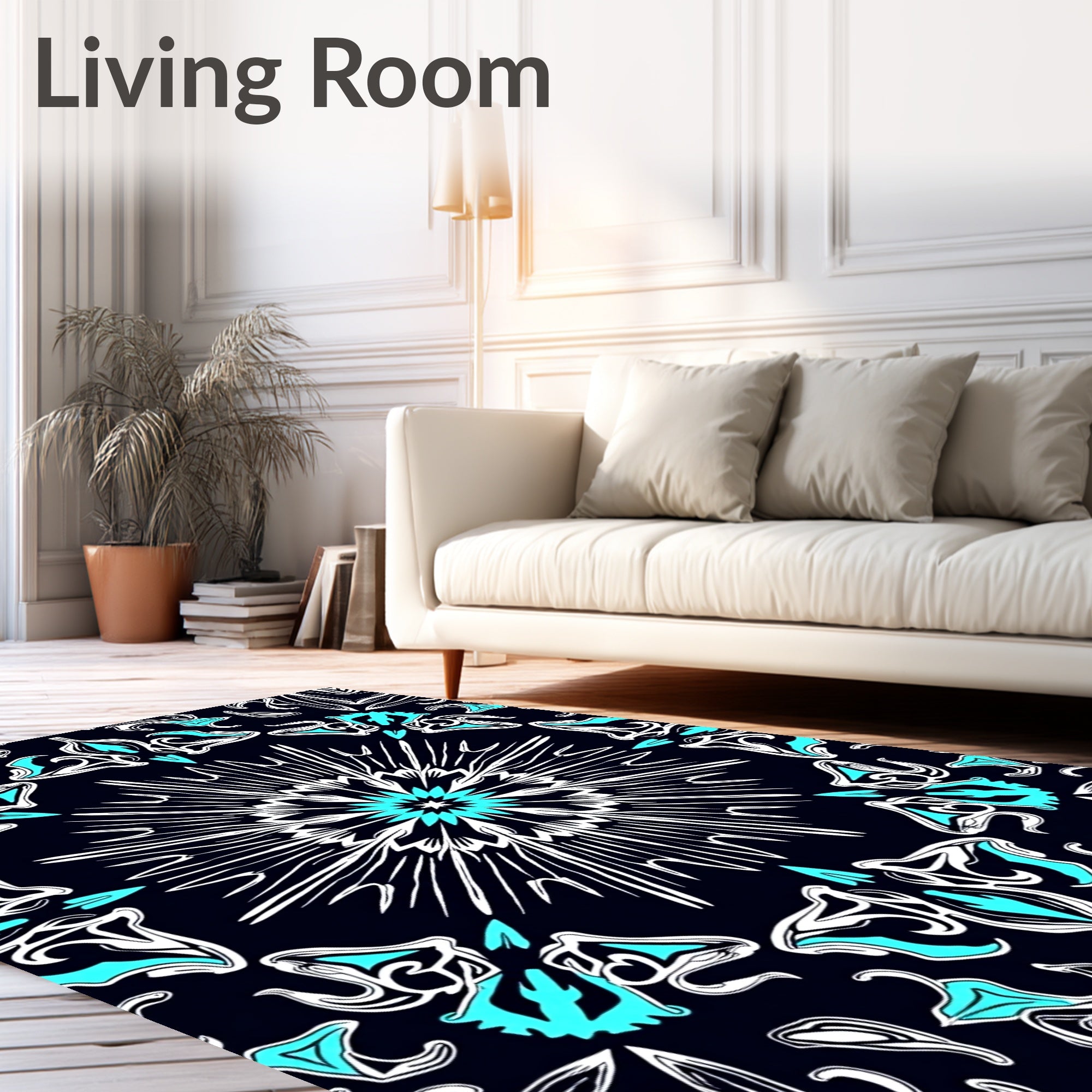 Striking Teal White Symmetrical Pattern Rug
