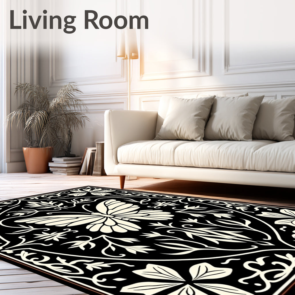 Black Butterfly Floral Garden Design Rug