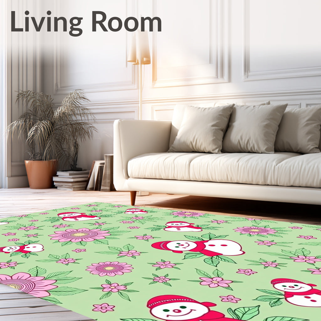 Pink Snowman With Flowers And Leaves Rug