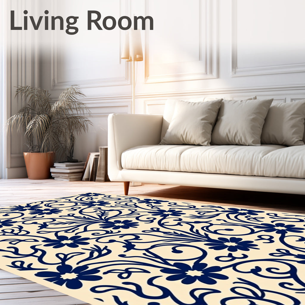 Dark Navy Floral Swirl Pattern Rug