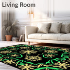 Black Snowflakes Green Scroll Border Rug