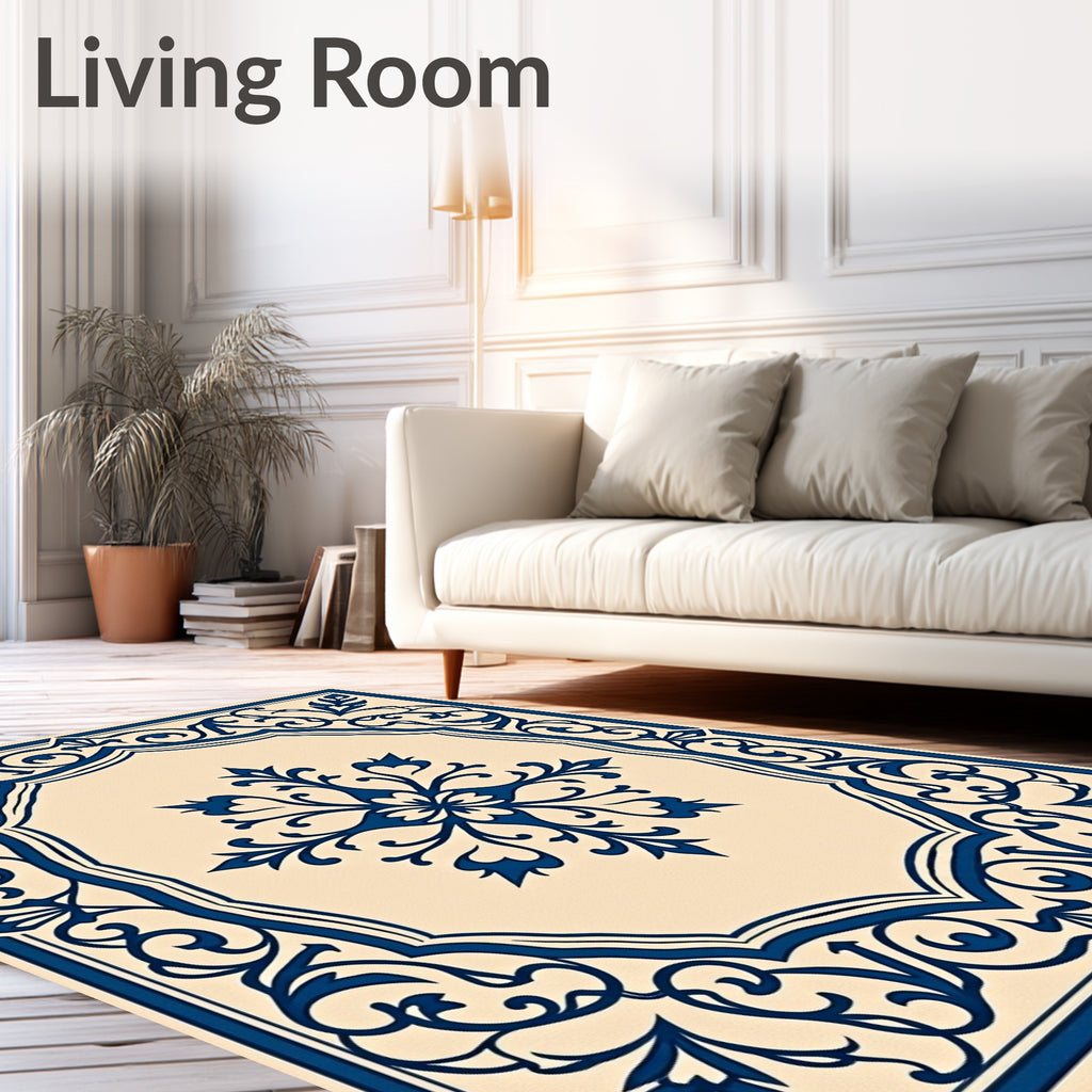 Ornate Blue Floral Medallion Pattern Rug